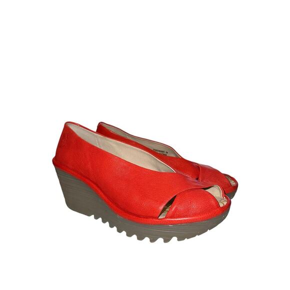 Fly London Yaff Red Peep Toe Wedge Sandals Women’s Size 9 - Picture 4 of 8